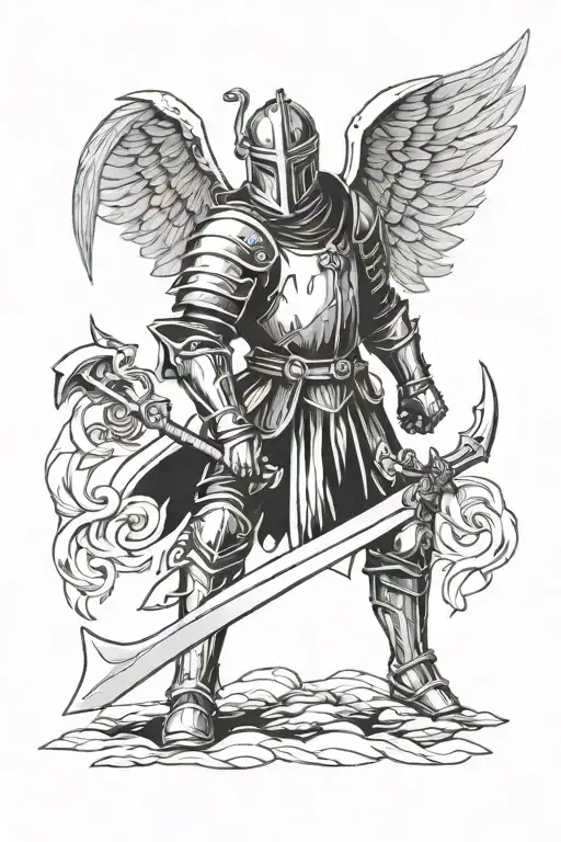 A Knight With A Axe With In The Background A Angel