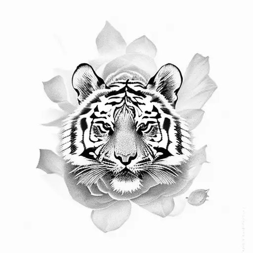 A Tiger With Rose And Lotus