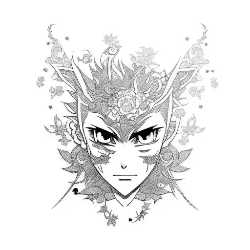 A Tattoo Design Featuring A Stylized Anime Character Surrounded By Intricate Floral Patterns