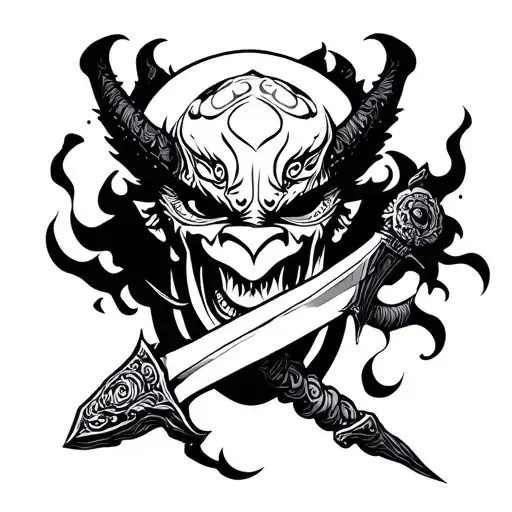 Oni Mask With A Sword Being Swalloed