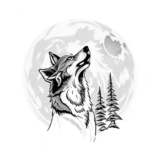 A Detailed Blackwork Tattoo Of A Majestic Coyote Howling At The Moon In A Forest Setting