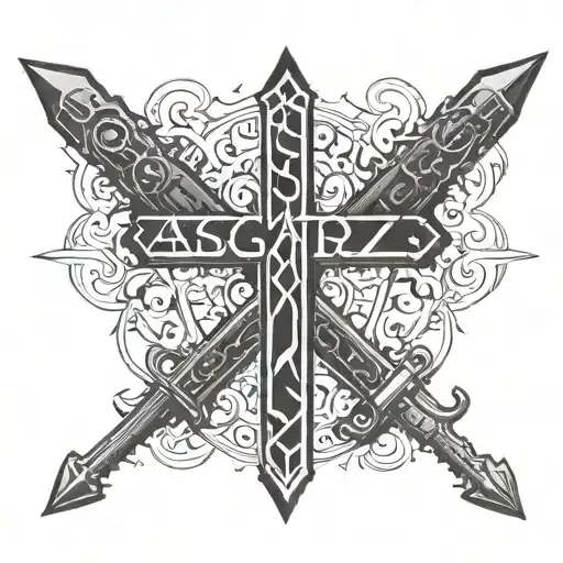 The Word Asgatraz Made Of Ammunition And Two G3a3 Weapons Behind Making A Cross