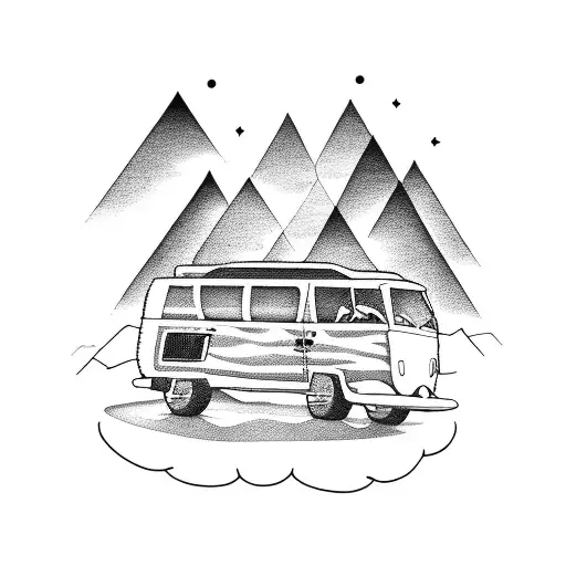 A Minimalist Line Art Tattoo Of A Camper-van Driving Through A Mountain Range