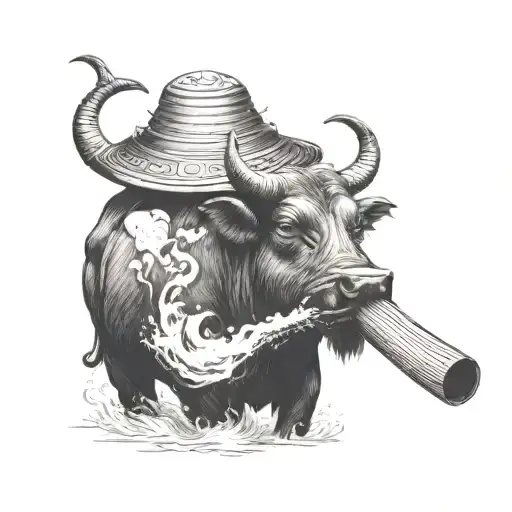 Vietnamese Water Buffalo With Plow Pipe Smoke Forming The Shape