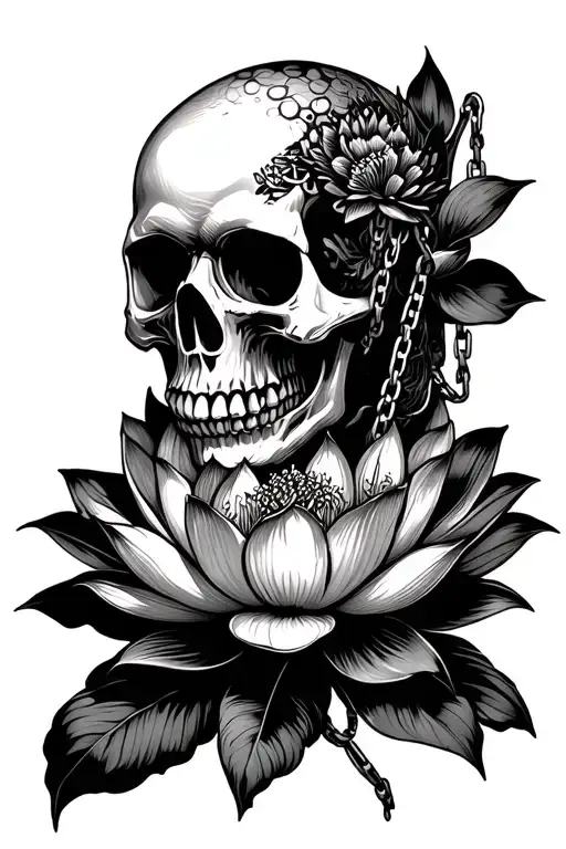 Skull And Lotus Flower With Chain Wrapped