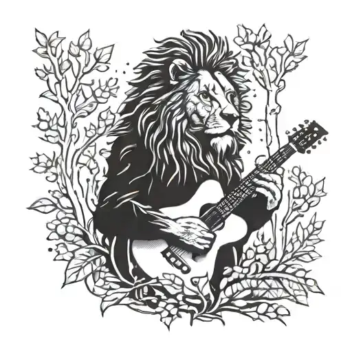 A Lion Playing A Guitar In A Forest Setting