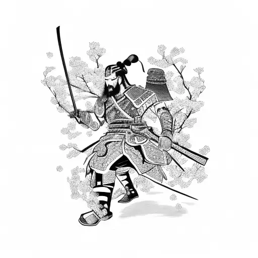 Samurai Warrior In Combat Stance Surrounded By Cherry Blossoms