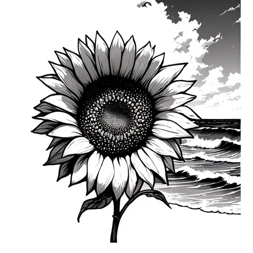 A Sunflower Blooming On A Beach With Waves Crashing In The Background