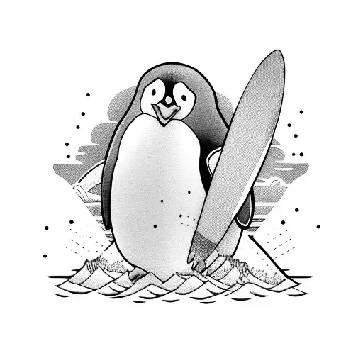Penguin With Surfboard With Words Be Happy