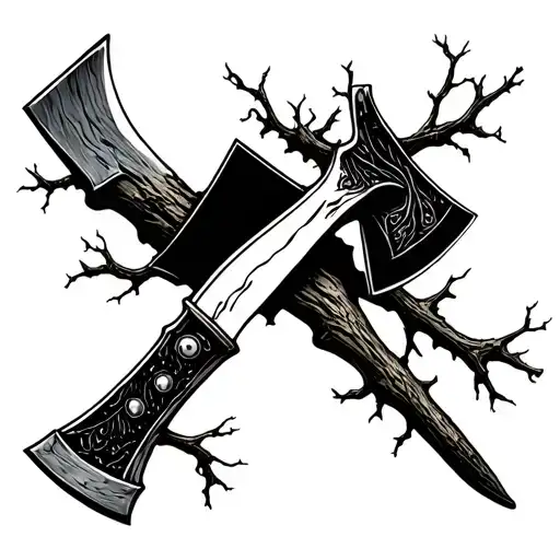 Axe And Knife Surrounded By Tree Branch
