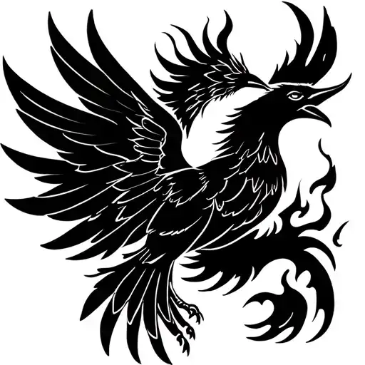 Symmetric Phoenix Bird Rising With Spread Wings And A Little Fire In The Back Ground