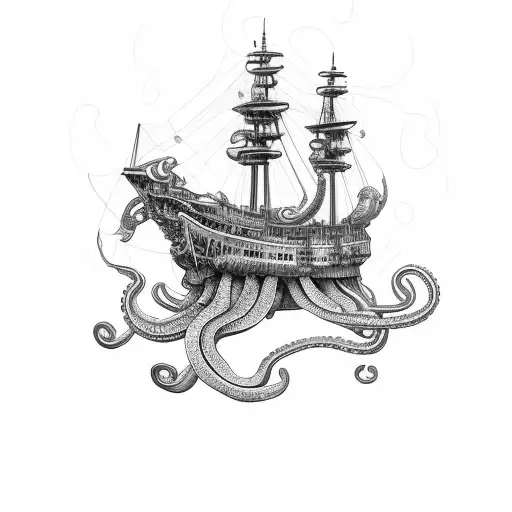 Giant Octopus Under The Ship With Tentacles Grabbing The Ship
