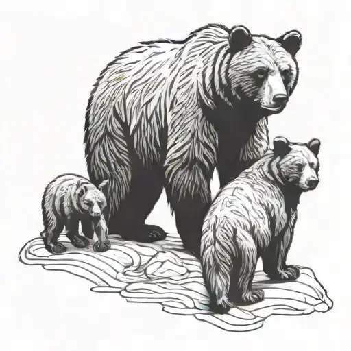 Bear With Three Cubs Playing