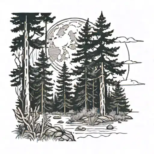 Generate Stencil For Realistic Tattoo Of Forest With Full Moon In The Background