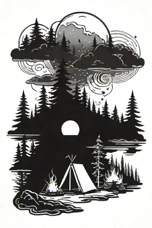 Black Silhuettes Of Camping Scene With Glowing Fire And Northern Lights In Sky