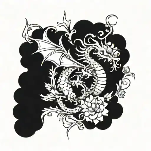 A Mystical Dragon With Flowers Around