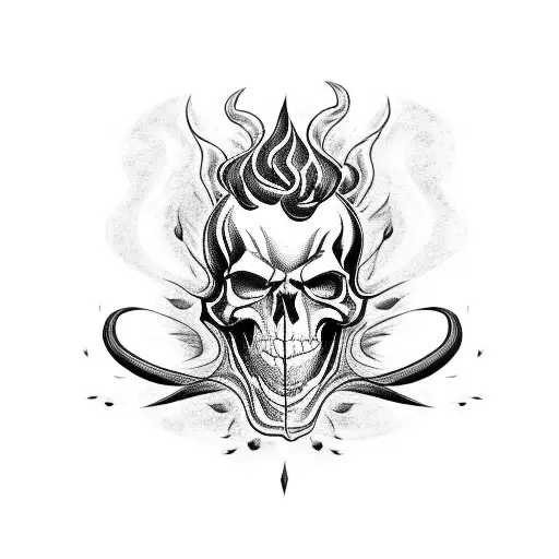A Stylized Blackwork Tattoo Of A Flaming Skull Driving A Classic Muscle Car