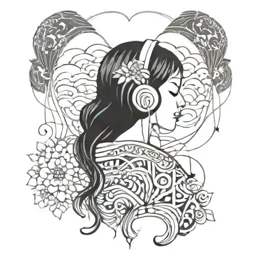 A Design Of A Lonely Girl Listening To Music With A Background Of Japanese Traditional Patterns