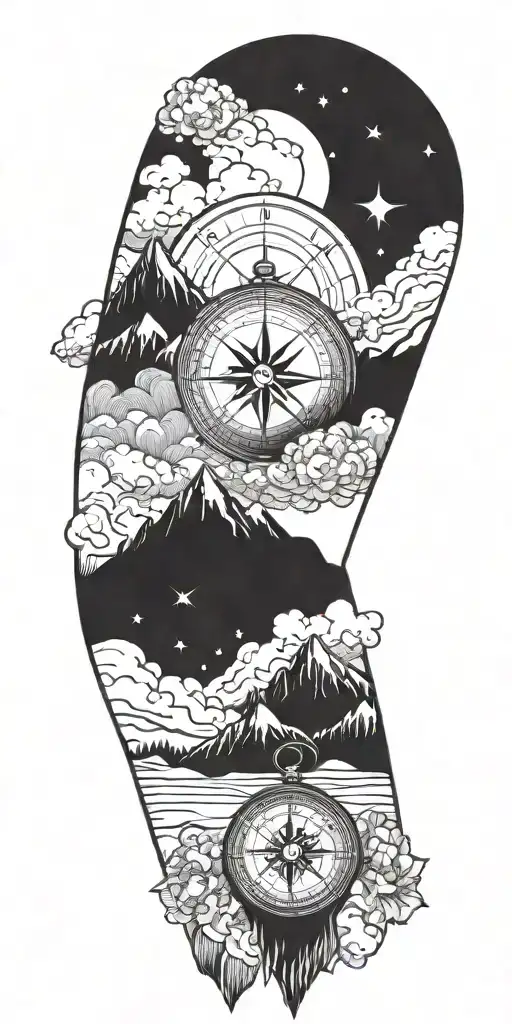 Mountain With Compass Rose And Skies