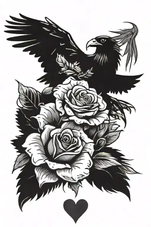 A Rose With A Crow Flying Above It And An Eagle Next To It With A Heart And An Eye Inside It