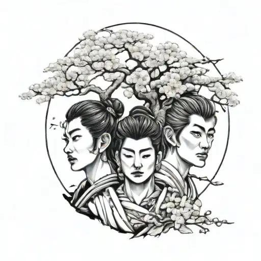 Three Japanese Faces One On Top Of The Other With Sakura Tree
