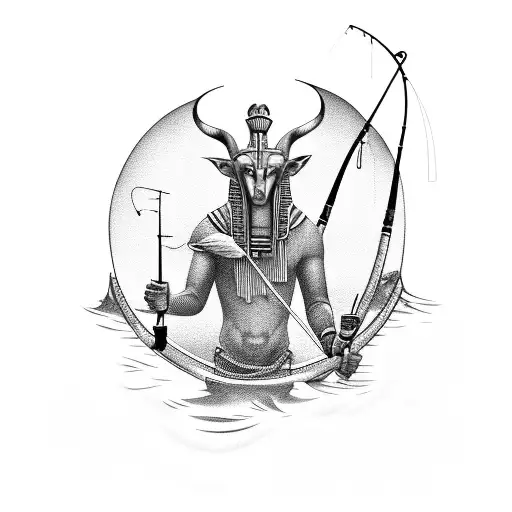 A Fishing Scene With A Mystical Twist Featuring Anubis
