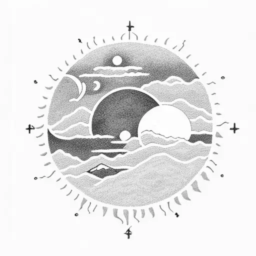 A Sun And Moon Intertwined With Mountain And Beach Scenery