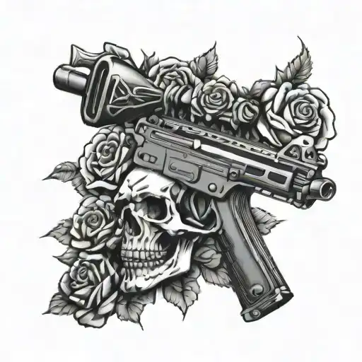 Machine Gun And Skull With Roses
