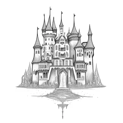Sketch Of A Romantic Gothic Castle With Intricate Blackwork Shading