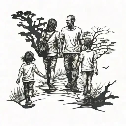 Dad And Daughter And Son Walking