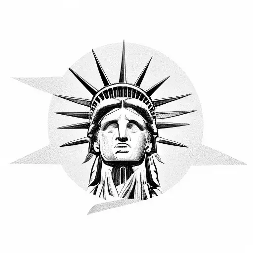 A Blackwork Design Of The Statue Of Liberty With An Eagle Flying Around It