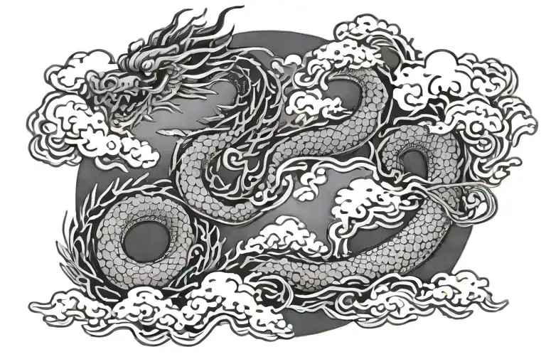 Japanese Dragon Descending From Japanese Clouds