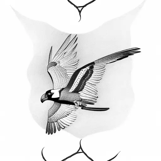 Australian Magpie In Flight With Crown And Ribbon Trailing From It's Claws