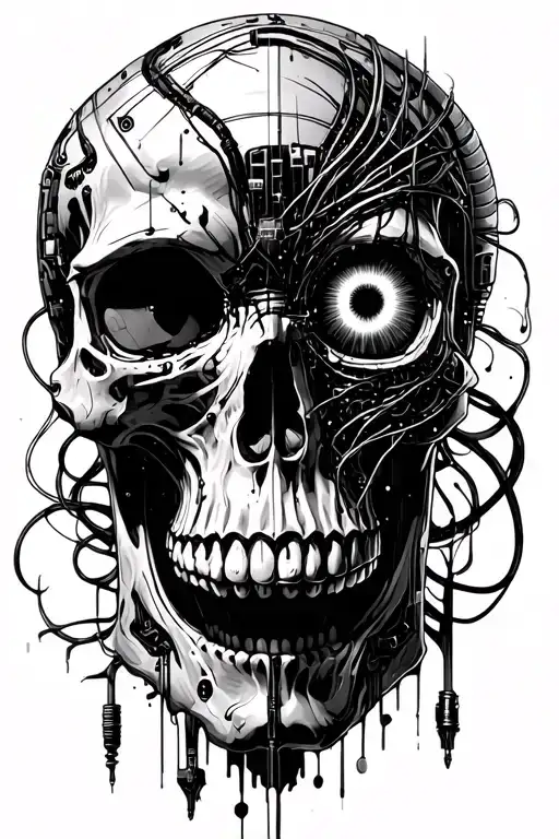 Skull With Cybernetic Eye And Wires Coming Out Of Skull