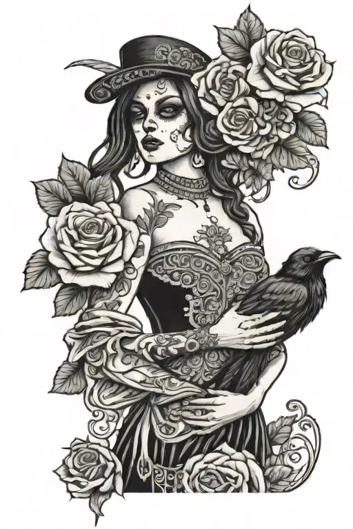 Day Of The Dead Woman With Roses And A Crow Perched