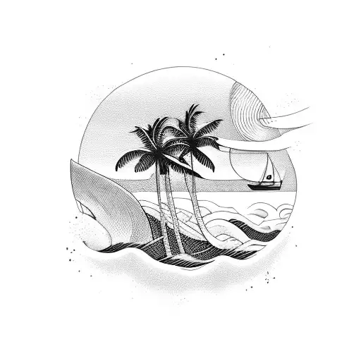 A Serene Beach Scene With Palm Trees And Waves Crashing On The Shore