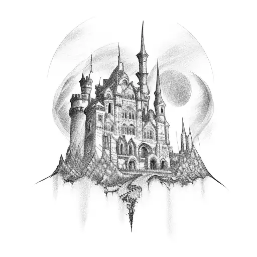 Sketch Of A Romantic Vampire Gothic Castle With Intricate Blackwork Shading