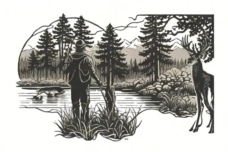A Man Hunting Whitetail Deer With The Shape Of Iowa Around It And A Man Fishing In Side As Well