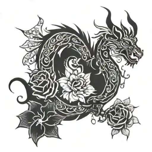 A Tribal-inspired Dragon Intertwined With Flowers And Jesus Imagery