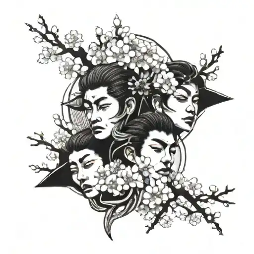 Three Japanese Faces One On Top Of The Other With Sakura Tree