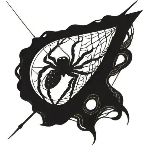 A Detailed Blackwork Tattoo Of A Spider Weaving A Web In The Shape Of A Fly Fishing Rod