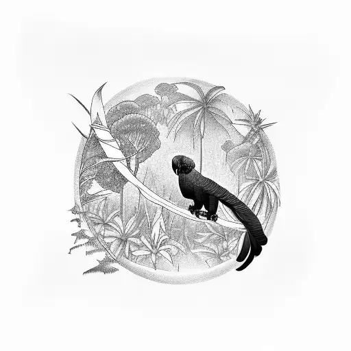 A Tattoo Design Of A Black Cockatoo Flying Over A Landscape Of Australian Flora And Fauna