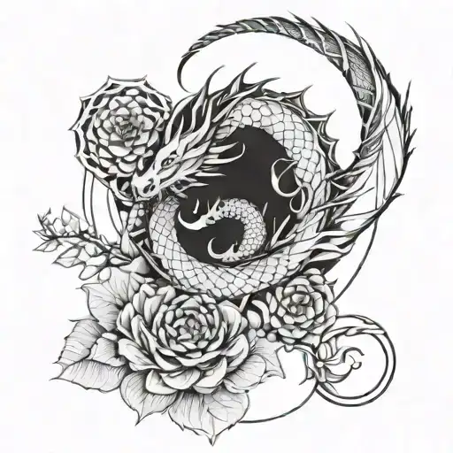 A Tattoo Design Combining A Dragon And The Flower Of Life
