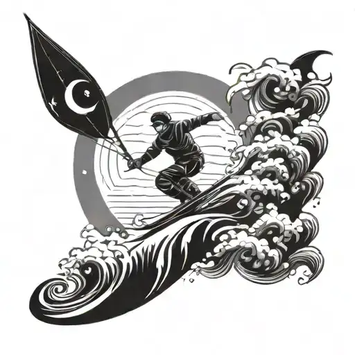 A Kitesurfer Riding A Wave With A Crescent Moon In The Background