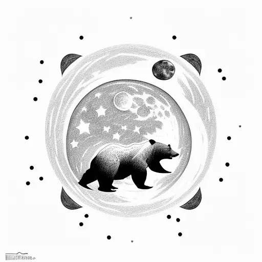 A Bear Silhouette Against A Full Moon In The Night Sky With Stars And Clouds