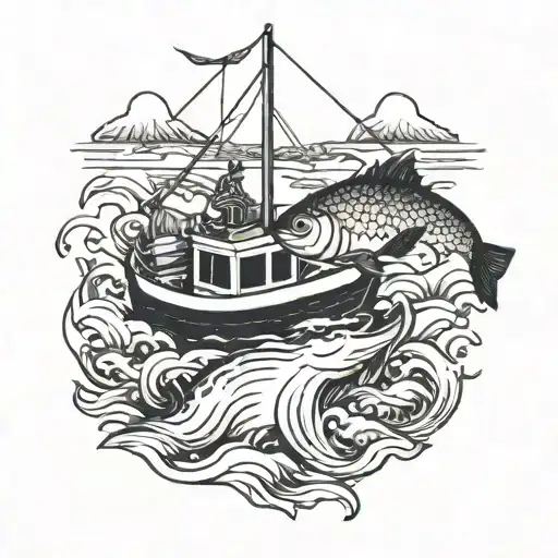 Hooked Fish With Boat And Rapids