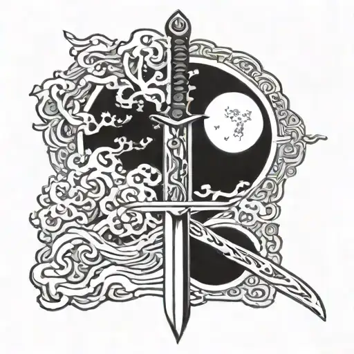 Sword And Moon With Japanese Style