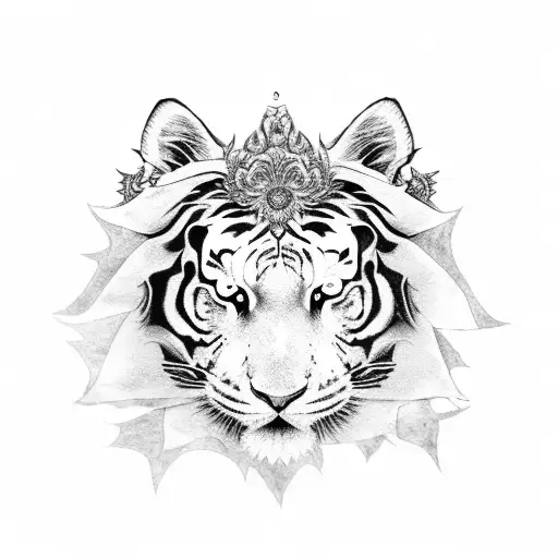 Intricate White Tiger Headdress With Nature Elements On A Spirit Girl's Head