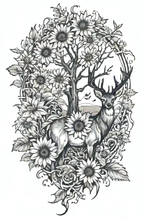 Deer Scenery With Sunflowers Half Sleeve Tattoo Design