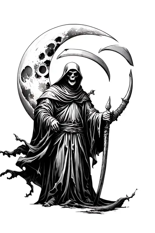 Grim Reaper Holding A Scythe And Crescent Moon In The Background